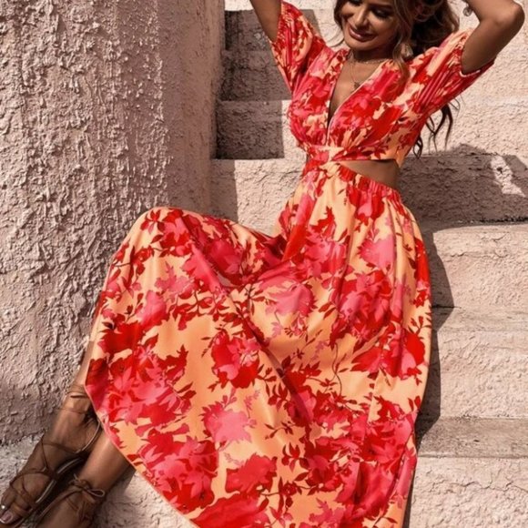 Boho Vacay Floral Cut Out Waist Puffed Sleeve Maxi Dress orange - Picture 1 of 6